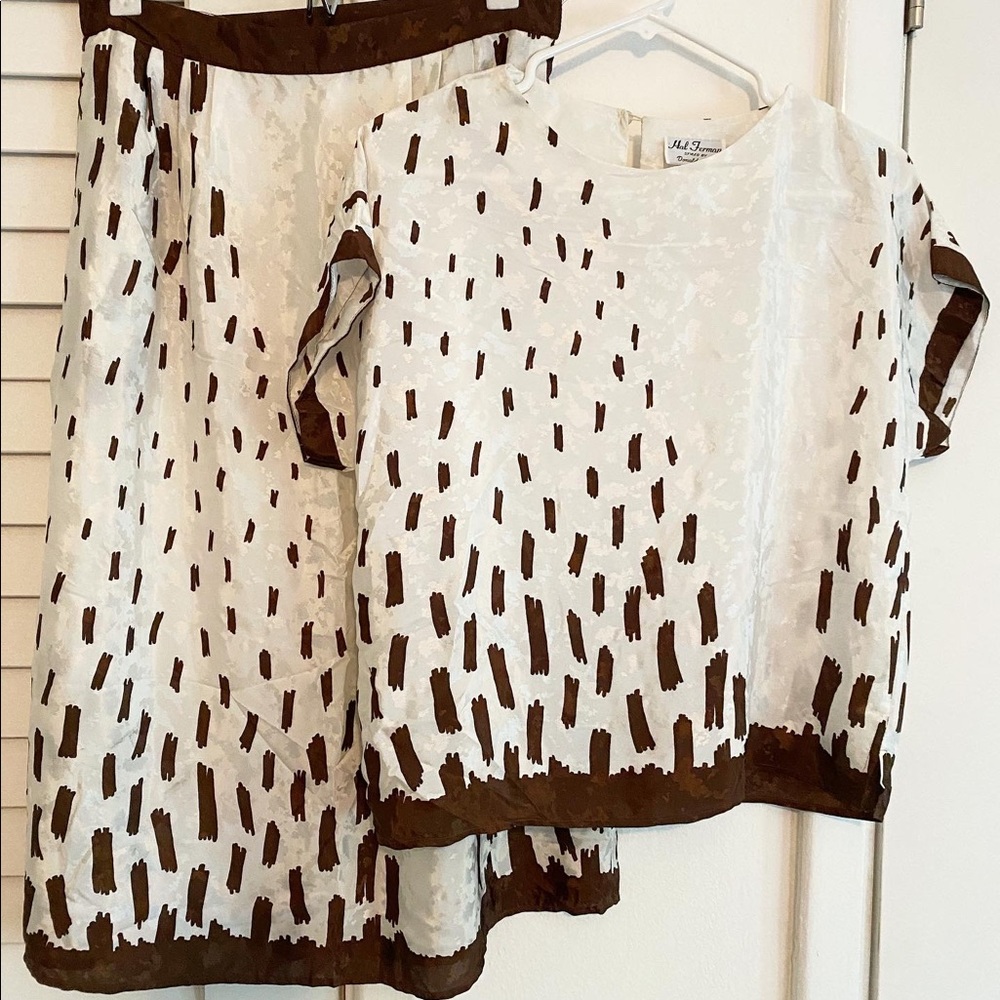 Vintage 80s Brown and White Abstract Two Piece Set